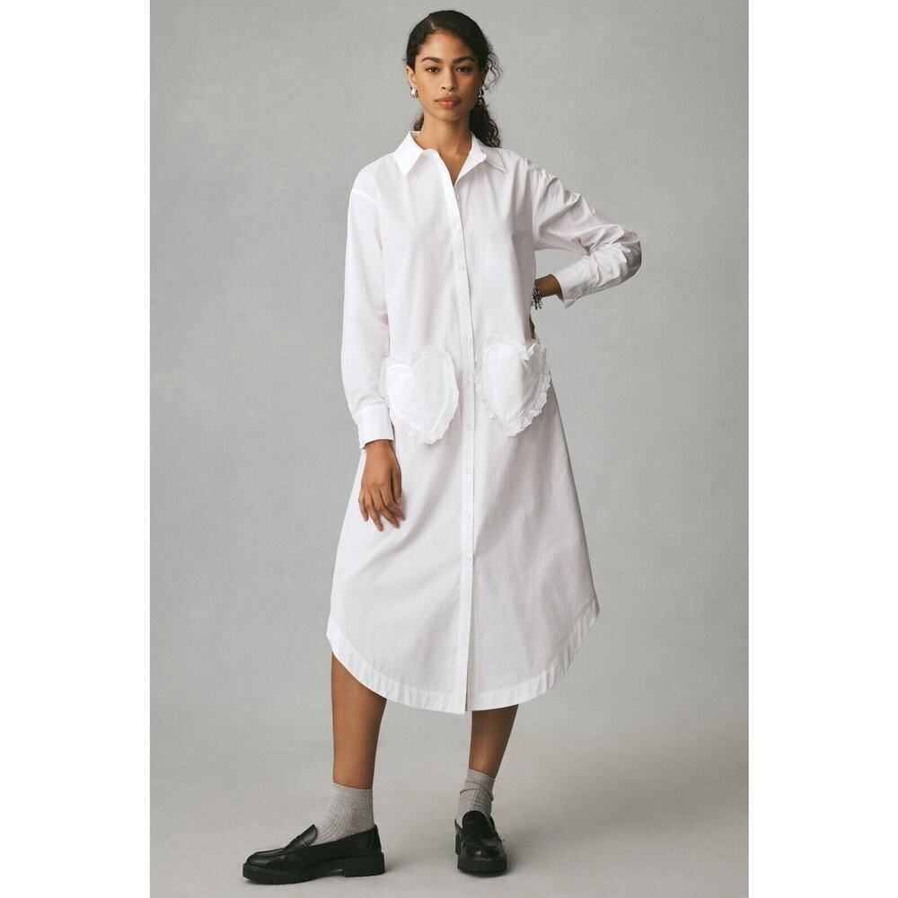 Anthropologie Maeve Long-Sleeve Midi Shirt Dress White Button Front Size Small